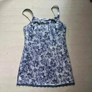 Blue Floral Slip Style Intimates Dress With Adjustable Straps And Lace On Bottom